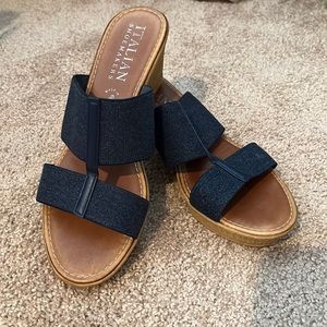 Denim and cork color wedge sandals, made in Italy, size 8